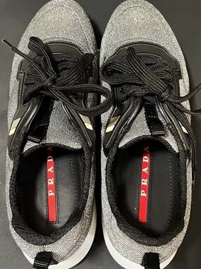 Prada Nylon Gray Glitter Effect Sneaker Trainers EUC 39.5 with COA